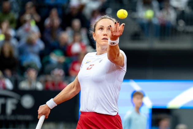 Katarzyna Kawa Vs Elina Svitolina - Billie Jean King Cup Qualifiers. Katarzyna Kawa of Poland competes in the Billie Jean King Cup Qualifiers, women s singles tennis match against Ukraine at the PreZero Arena in Gliwice, Poland, on April 10, 2026. Gliwice Poland  Copyright: xMarcinxGolbax originalFilename:golba-katarzyn260410_nps8o.jpg
