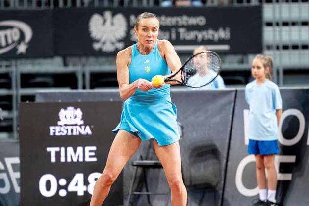 Katarzyna Kawa Vs Elina Svitolina - Billie Jean King Cup Qualifiers. Elina Svitolina of Ukraine competes in the Billie Jean King Cup Qualifiers, women s singles tennis match against Poland at the PreZero Arena in Gliwice, Poland, on April 10, 2026. Gliwice Poland  Copyright: xMarcinxGolbax originalFilename:golba-katarzyn260410_npXAt.jpg