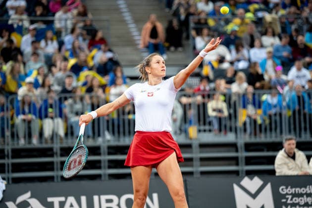 Katarzyna Kawa Vs Elina Svitolina - Billie Jean King Cup Qualifiers. Katarzyna Kawa of Poland competes in the Billie Jean King Cup Qualifiers, women s singles tennis match against Ukraine at the PreZero Arena in Gliwice, Poland, on April 10, 2026. Gliwice Poland  Copyright: xMarcinxGolbax originalFilename:golba-katarzyn260410_npyJH.jpg