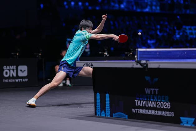 TAIYUAN, CHINA - APRIL 11: Wen Ruibo of China competes in the Men s Singles Quarterfinal match against Hiroto Shinozuka of Japan on day 5 of WTT Contender Taiyuan 2026 at Taiyuan Binhe Sports Center on April 11, 2026 in Taiyuan, Shanxi Province of China.  Copyright: xVCGx 111634091765