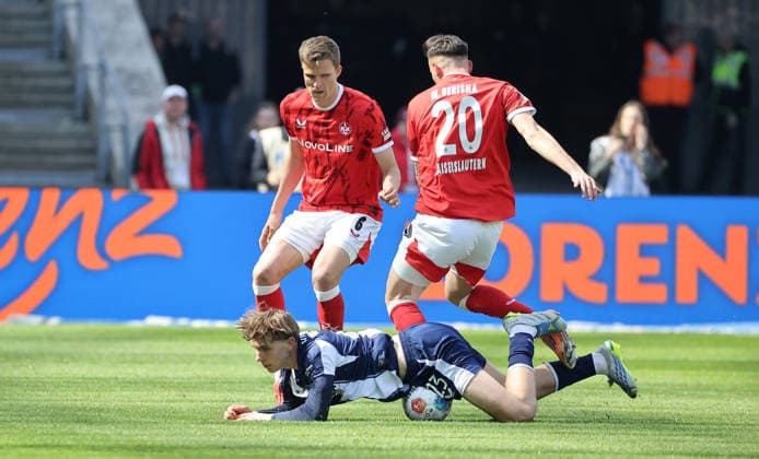 Fabian Kunze, Kennet Eichhorn, Mergim Berisha duel match scene Action Sport Soccer Football DFL 2 Bundesliga Men 29 Matchday Season 2025 2026 11 04 2026 Hertha BSC Berlin vs 1 FC Kaiserslautern FCK DFL regulations prohibit any use of photographs as image sequences and or quasi video