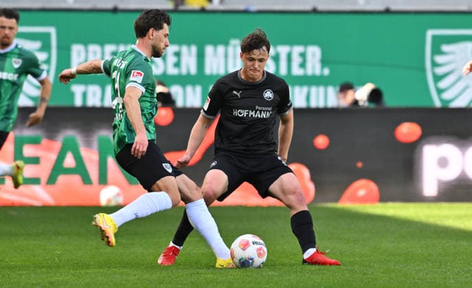 11 04 2026 Soccer Season 2025 2026 2 Soccer Bundesliga 29 Matchday SC Preußen Preussen Münster SCP SpVgg Greuther Fürth SGF Kleeblatt Sportfoto Zink xwoxzix DFL regulations prohibit any use of photographs as image sequences and or quasi video only for editorial use Charalambos Makridis 14, Preußen Münster Lukas Reich 2, SpVgg Greuther Fürth