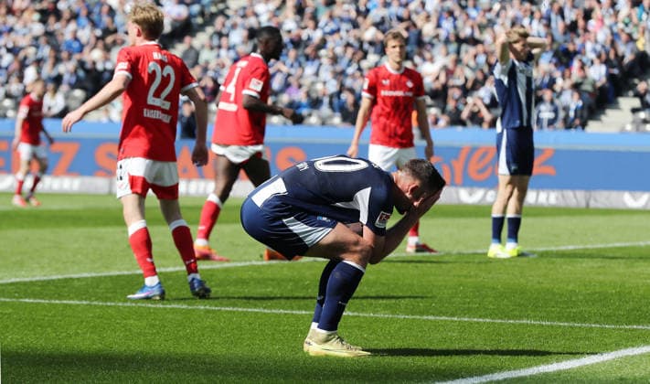 Paul Seguin disappointed after missed goal chance Disappointment Sport Football Soccer DFL 2 Bundesliga Men 29 Matchday Season 2025 2026 11 04 2026 Hertha BSC Berlin vs 1 FC Kaiserslautern FCK DFL regulations prohibit any use of photographs as image sequences and or quasi video