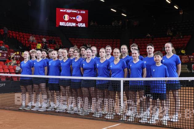 the third game, a double game between Belgian pair Kempen Minnen and US pair McNally Melichar on the second day of the qualifiers of the Billie Jean King Cup tennis between Belgium and the USA, in Oostende, Belgium, on . The meeting takes place on 10 and 11th April. PHOTO BENOITxDOPPAGNE  x170473489x