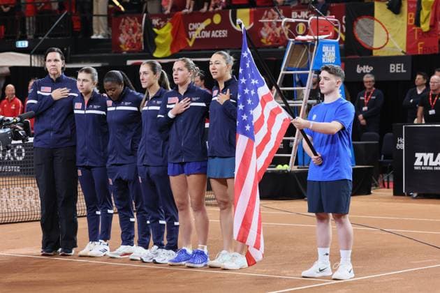 US s team pictured before the third game, a double game between Belgian pair Kempen Minnen and US pair McNally Melichar on the second day of the qualifiers of the Billie Jean King Cup tennis between Belgium and the USA, in Oostende, Belgium, on . The meeting takes place on 10 and 11th April. PHOTO BENOITxDOPPAGNE  x170473628x