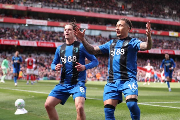 11th April 2026; Emirates Stadium, London, England; Premier League Football, Arsenal versus Bournemouth; Alex Scott of Bournemouth celebrates his goal in the 74th minute for 1-2 KatiexChan