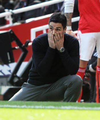 Football - 2025 2026 Premier League - Arsenal vs. AFC Bournemouth - Emirates Stadium - Saturday 11th April 2026 Arsenal Manager Mikel Arteta drops to his knees after going 2-1 behind 