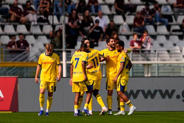 Verona s Bowie celebrates after scoring the 1-1 goal for his team during the Serie A soccer match between Torino Fc and Hellas Verona at the Stadio Olimpico Grande Torino in Turin, north west Italy - April 11, 2026. - Soccer  Copyright: xFabioxFerrari LaPressex