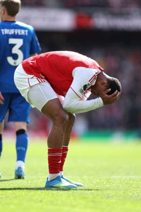 Arsenal gegen Bournemouth 11. April 2026, London Premier League Fußball Arsenal gegen AFC Bournemouth Gabriel von Arsenal reagiert nach einer vergebenen Chance Foto Charlotte Wilson Abseits London UK  Copyright: xCharlottexWilsonx xOffsidexOffside
