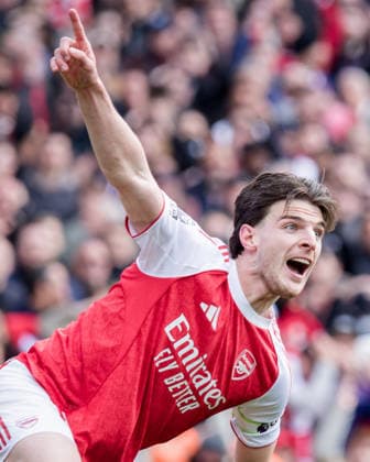 LONDON, ENGLAND - APRIL 11: Declan Rice of Arsenal reacts during the Premier League match between Arsenal and Bournemouth at Emirates Stadium on April 11, 2026 in London, England.  Copyright: xPedroxPorru MBxMediax