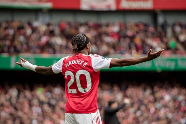 LONDON, ENGLAND - APRIL 11: Noni Madueke of Arsenal during the Premier League match between Arsenal and Bournemouth at Emirates Stadium on April 11, 2026 in London, England.  Copyright: xPedroxPorru MBxMediax