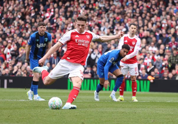 Viktor Gyokeres (A) scores a goal from the penalty spot for Arsenal (1-1) at the Arsenal v AFC Bournemouth EPL match, at the Emirates Stadium, London, UK on 11th April, 2026. 