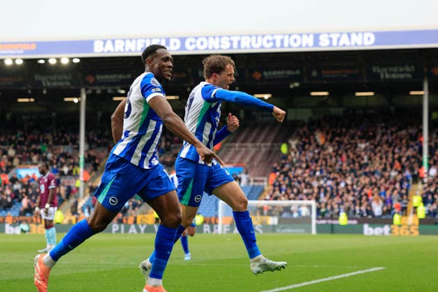 Burnley v Brighton and Hove Albion, Premier League Mats Wieffer (27) of Brighton & Hove Albion celebrates scoring to make it 0-1 with Danny Welbeck (18) of Brighton & Hove Albion during the Premier League match between Burnley and Brighton and Hove Albion at Turf Moor, Burnley, UK on 11 April 2026. Burnley Turf Moor Lancashire UK Editorial use only DataCo restrictions apply See www.football-dataco.com , Copyright: xConorxMolloyx PSI-24053-0037