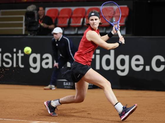 Belgian Greet Minnen pictured in action during the fourth game between Belgian Minnen and US Jovic on the second day of the qualifiers of the Billie Jean King Cup tennis between Belgium and the USA, in Oostende, Belgium, on Saturday 11 April 2026. The meeting takes place on 10 and 11th April. PHOTO BENOITxDOPPAGNE  x170486435x