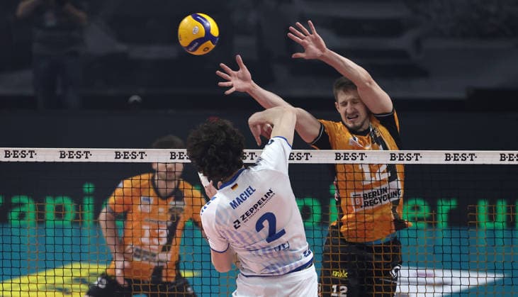 Gustavo Maciel in attack, Florian Krage Brewitz duel Match scene Action Sport Volleyball Bundesliga Mens Play Off Semi-final 1 Matchday Season 2025 2026 11 04 2026 BR Volleys Berlin BRV vs VfB Friedrichshafen