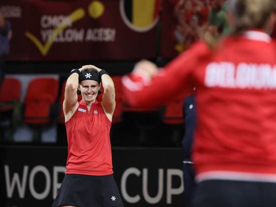 Belgian Greet Minnen and reacts after winning the fourth game between Belgian Minnen and US Jovic on the second day of the qualifiers of the Billie Jean King Cup tennis between Belgium and the USA, in Oostende, Belgium, on . The meeting takes place on 10 and 11th April. PHOTO BENOITxDOPPAGNE  x170489656x