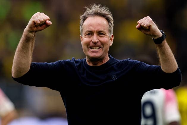 DORTMUND, GERMANY - APRIL 11: Bayer 04 Leverkusen head coach Kasper Hjulmand celebrates his team s win after the Bundesliga match between Borussia Dortmund and Bayer 04 Leverkusen at Signal Iduna Park on April 11, 2026 in Dortmund, Germany.  Copyright: xRenexNijhuis MBxMediax