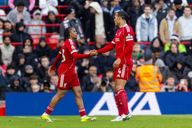 Football - FA Premier League - Liverpool FC v Fulham FC LIVERPOOL, ENGLAND - Saturday, April 11, 2026: Liverpool s Rio Ngumoha celebrates with team-mate captain Virgil van Dijk (R) after scoring the first goal during the FA Premier League match between Liverpool FC and Fulham FC at Anfield. (Photo by David Rawcliffe Propaganda) LIVERPOOL Anfield MERSEYSIDE ENGLAND  Copyright: xDavidxRawcliffex P2026-04-11-Liverpool_Fulham-60