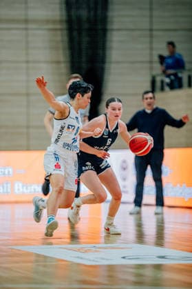 BB 1BL Women Syntainics MBC Lions BC Pharmaserv Marburg Nicole Brochlitz GISA Lions MBC , Ana Raimundo BC Pharmaserv Marburg during the 2025 2026 season in the semi-final playoff in game 1 of 5 in the DBBL Toyota Bundesliga Syntainics MBC Lions and BC Pharmaserv Marburg at the SWH Arena on April 11, 2026 in Halle Saale, Sachsen Anhalt, Germany