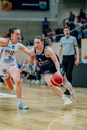 BB 1BL Women Syntainics MBC Lions BC Pharmaserv Marburg Anna Suckstorff GISA Lions MBC , Lucy Michel BC Pharmaserv Marburg during the 2025 2026 season in the semi-final playoff in game 1 of 5 in the DBBL Toyota Bundesliga Syntainics MBC Lions and BC Pharmaserv Marburg at SWH Arena on April 11, 2026 in Halle Saale, Sachsen Anhalt, Germany