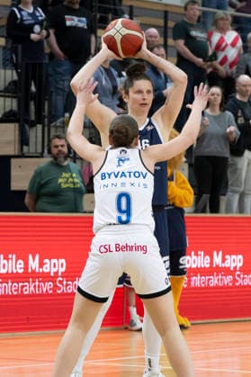 Toyota DBBL 2025 2026 Syntainics MBC vs BC Marburg Blue Dolphins Playoff Semifinal, Game 1 Halle Saale, Germany April 11, 2026 Pictured from left Marianna Byvatov Marburg and Romy Bär Baer Halle Halle Saale swh Arena Sachsen Anhalt Germany