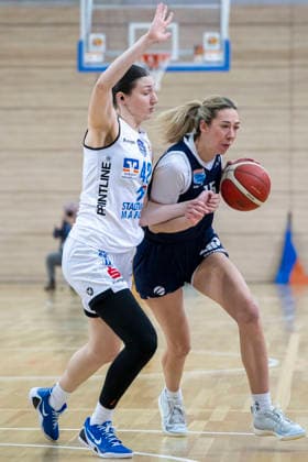 Toyota DBBL 2025 2026 Syntainics MBC vs BC Marburg Blue Dolphins Playoff Semifinal, Game 1 Halle Saale, Germany April 11, 2026 Pictured from left Mia Heide Marburg and Sona Svetlikova Halle Halle Saale swh Arena Sachsen Anhalt Germany