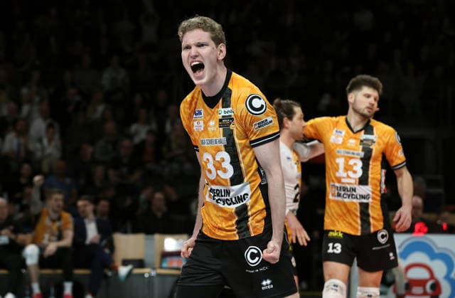 Fedor Ivanov cheers joy emotion jubilation Sport Volleyball Bundesliga Mens Play Off Semi-Final 1 Matchday Season 2025 2026 11 04 2026 BR Volleys Berlin BRV vs VfB Friedrichshafen