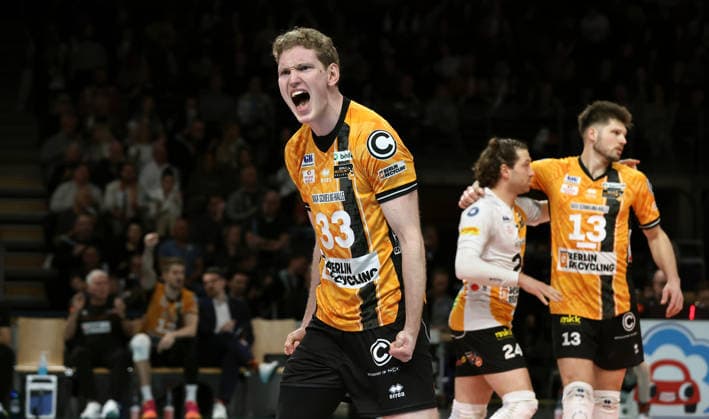 Fedor Ivanov cheers joy emotion jubilation Sport Volleyball Bundesliga Mens Play Off Semi-Final 1 Matchday Season 2025 2026 11 04 2026 BR Volleys Berlin BRV vs VfB Friedrichshafen