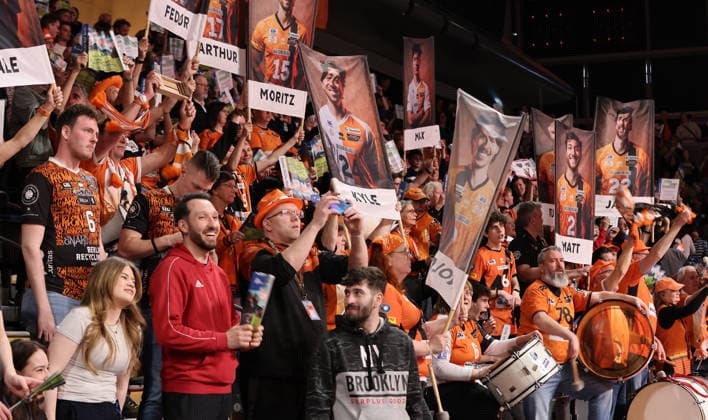 Fans of BR Volleys Fanblock Sport Volleyball Bundesliga Mens Play Off Semifinal 1 Match Matchday Season 2025 2026 11 04 2026 BR Volleys Berlin BRV vs VfB Friedrichshafen