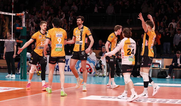 BR Volleys celebrate after 3 1 victory Joy Emotion Cheers Sport Volleyball Bundesliga Mens Play Off Semi-Final 1 Match Matchday Season 2025 2026 11 04 2026 BR Volleys Berlin BRV vs VfB Friedrichshafen