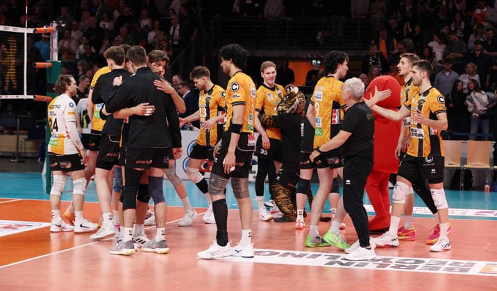 BR Volleys celebrate after 3 1 victory Joy Emotion Cheers Sport Volleyball Bundesliga Mens Play Off Semi-Final 1 Match Matchday Season 2025 2026 11 04 2026 BR Volleys Berlin BRV vs VfB Friedrichshafen