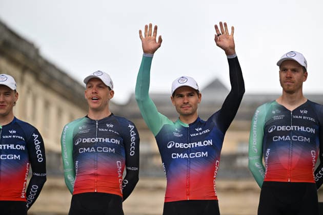 Paris-Roubaix Team Presentation Stefan Bissegger of Switzerland, representing the Decathlon CMA CGM team, participates in the team presentation of Paris-Roubaix 2026 (1.UWT - 123rd edition) in Compiegne, Hauts-de-France, on April 11, 2026. Compiegne France  Copyright: xGautierxDemouveauxx originalFilename:demouveaux-notitle260411_npvxb.jpg