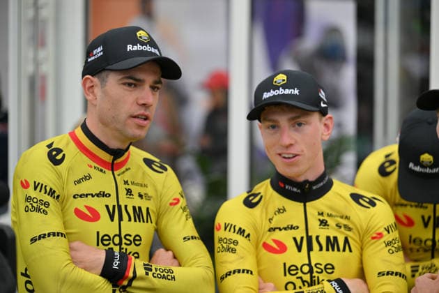 Paris-Roubaix Team Presentation Wout Van Aert of Belgium and Matthew Brennan of Great Britain, both from team Visma - Lease a Bike, participate in the team presentation of Paris-Roubaix 2026 (1.UWT - 123rd edition) in Compiegne, Hauts-de-France, on April 11, 2026. Compiegne France  Copyright: xGautierxDemouveauxx originalFilename:demouveaux-notitle260411_npzft.jpg