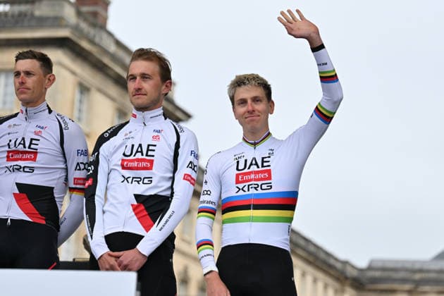 Paris-Roubaix Team Presentation World champion Tadej Pogacar of UAE Team Emirates participates in the team presentation of Paris-Roubaix 2026 (1.UWT - 123rd edition) in Compiegne, France, on April 11, 2026. Compiegne France  Copyright: xGautierxDemouveauxx originalFilename:demouveaux-notitle260411_npdPl.jpg