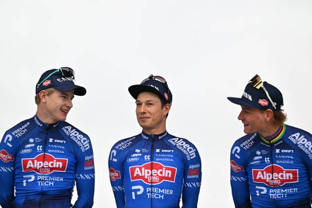 Paris-Roubaix Team Presentation Tibor Del Grosso of the Netherlands, Jasper Philipsen of Belgium, and Mathieu Van Der Poel of the Netherlands from team Alpecin-Premier Tech participate in the team presentation of Paris-Roubaix 2026 (1.UWT - 123rd edition) in Compiegne, France, on April 11, 2026. Compiegne France  Copyright: xGautierxDemouveauxx originalFilename:demouveaux-notitle260411_npuJl.jpg