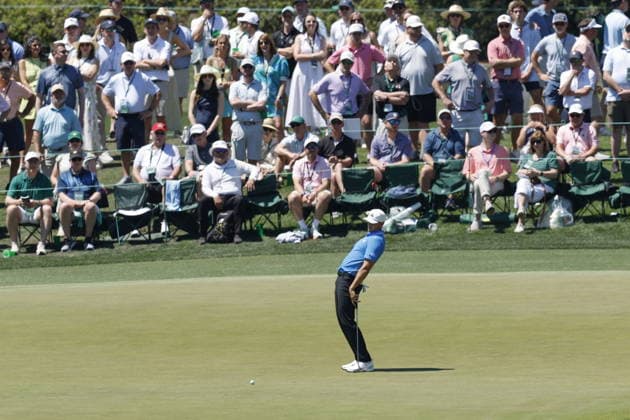Golf 2026 Masters Tournament - Round 3 Ludvig Aberg of Sweden reacts after coming up short on a birdige putt on the fourth green in Round 3 of the 2026 Masters tournament in August, Georgia, USA, 11 April 2026. Augusta United States  Copyright: xERIKxS.xLESSERx