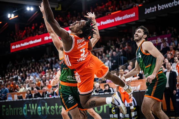 1 Basketball Bundesliga, easyCredit BBL, Season 2025 2026, Men, Main Round, Matchday 29, 11 04 2026, RASTA Vechta Gladiators Trier Malik Parsons 3 RASTA Vechta in action Vechta RASTA Dome Lower Saxony Germany