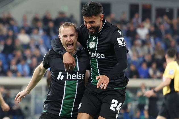 11 04 2026, xrekx, Soccer 2 Bundesliga, SV Darmstadt 98 Hannover 96 v l vCelebrating the goal celebrate 0 1 by Maurice Neubauer Hannover 96 with Elias Saad Hannover 96 DFL DFB REGULATIONS PROHIBIT ANY USE OF PHOTOGRAPHS as IMAGE SEQUENCES and or QUASI VIDEO Darmstadt