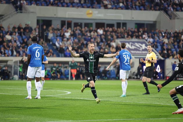 11 04 2026, xrekx, Fußball 2 Bundesliga, SV Darmstadt 98 Hannover 96 v l Torjubel nach dem Tor zum celebrating the goal celebrate 0 1 durch Maurice Neubauer Hannover 96 DFL DFB REGULATIONS PROHIBIT ANY USE OF PHOTOGRAPHS as IMAGE SEQUENCES and or QUASI VIDEO Darmstadt