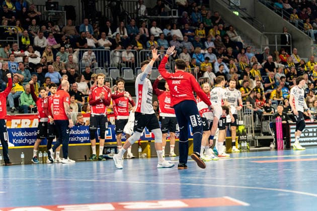 11 04 2026, xdaymx, Handball Daikin HBL, Rhein Neckar Loewen SG Flensburg Handewitt vl Marko Grgic and goalkeeper Benjamin Buric celebrate with the bench a held 7 meters DFL DFB REGULATIONS PROHIBIT ANY USE OF PHOTOGRAPHS as IMAGE SEQUENCES and or QUASI VIDEO Mannheim