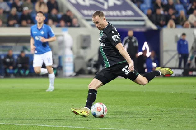 11 04 2026, xrekx, Soccer 2 Bundesliga, SV Darmstadt 98 Hannover 96 v l Goal kick to 0 1 by Maurice Neubauer Hannover 96 DFL DFB REGULATIONS PROHIBIT ANY USE OF PHOTOGRAPHS as IMAGE SEQUENCES and or QUASI VIDEO Darmstadt