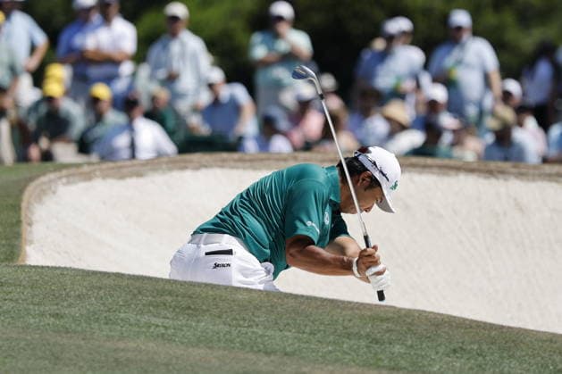Golf 2026 Masters Tournament - Round 3 Hideki Matsuyama of Japan hits out of the sand trap on the ninth green in Round 3 of the 2026 Masters tournament in August, Georgia, USA, 11 April 2026. Augusta United States  Copyright: xERIKxS.xLESSERx