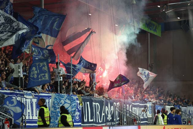 11 04 2026, xrekx, Soccer 2 Bundesliga, SV Darmstadt 98 Hannover 96 v l Darmstadt Fans ,Atmosphere, Scarves, Ultras, Spectators, Visitors, Choreo, Choreography, atmosphere, scarves, spectators, visitors Pyro DFL DFB REGULATIONS PROHIBIT ANY USE OF PHOTOGRAPHS as IMAGE SEQUENCES and or QUASI VIDEO Darmstadt
