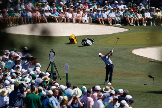 Rory McIlroy of Northern Ireland hits his tee shot on the 3rd hole during the third round of the Masters Tournament at Augusta National Golf Club on Saturday, April 11, 2026, in Augusta, Georgia.  AUG20260411811 JOHNxANGELILLO