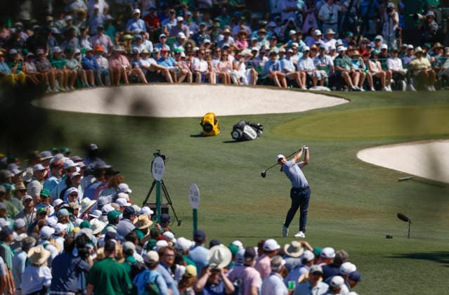 Rory McIlroy of Northern Ireland hits his tee shot on the 3rd hole during the third round of the Masters Tournament at Augusta National Golf Club on Saturday, April 11, 2026, in Augusta, Georgia.  AUG20260411812 JOHNxANGELILLO