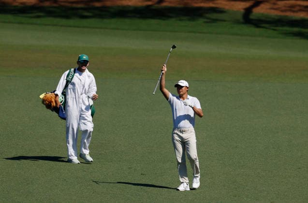Collin Morikawa reacts after sinking an eagle on the 15th hole during the third round of the Masters Tournament at Augusta National Golf Club on Saturday, April 11, 2026, in Augusta, Georgia.  AUG20260411818 JOHNxANGELILLO