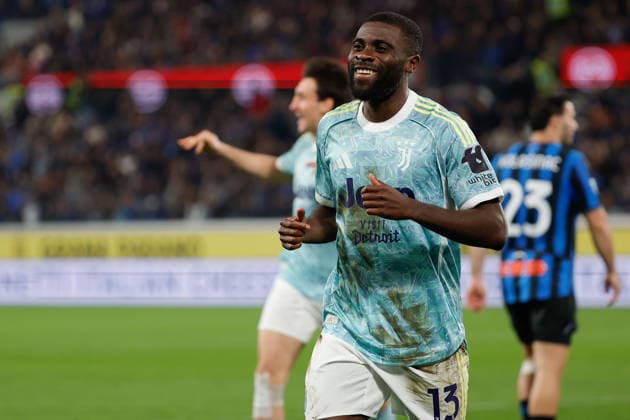 Jeremie Boga of FC Juventus celebrates after scoring goal in the 48th minute for 0-1 during the match of 2025-2026 Serie A football between Atalanta BC vs Juventus FC at the New Balance Arena Stadium on 11 April 2026 in Bergamo, BG.  Copyright: xEmanuelexPennacchio IPAxSportx xipa-agency.netx xx IPA_73899230 IPA_Agency_IPA73899230