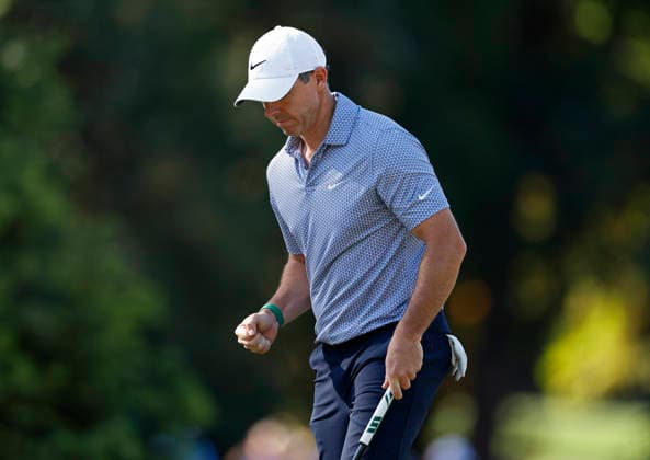 Rory McIlroy of Northern Ireland reacts after a birdie on the 10th hole during the third round of the Masters Tournament at Augusta National Golf Club on Saturday, April 11, 2026, in Augusta, Georgia.  AUG20260411828 JOHNxANGELILLO