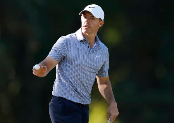 Rory McIlroy of Northern Ireland reacts after a birdie on the 10th hole during the third round of the Masters Tournament at Augusta National Golf Club on Saturday, April 11, 2026, in Augusta, Georgia.  AUG20260411829 JOHNxANGELILLO