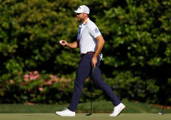 Sam Burns reacts after a birdie on the 11th hole during the third round of the Masters Tournament at Augusta National Golf Club on Saturday, April 11, 2026, in Augusta, Georgia.  AUG20260411833 JOHNxANGELILLO